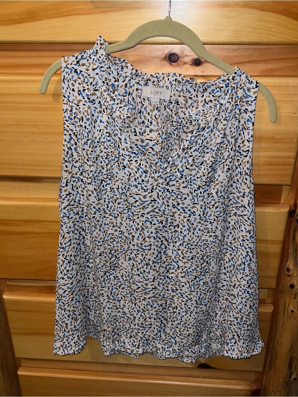 LOFT White Sleeveless V-Neck Camisole with Blue and Tan Print